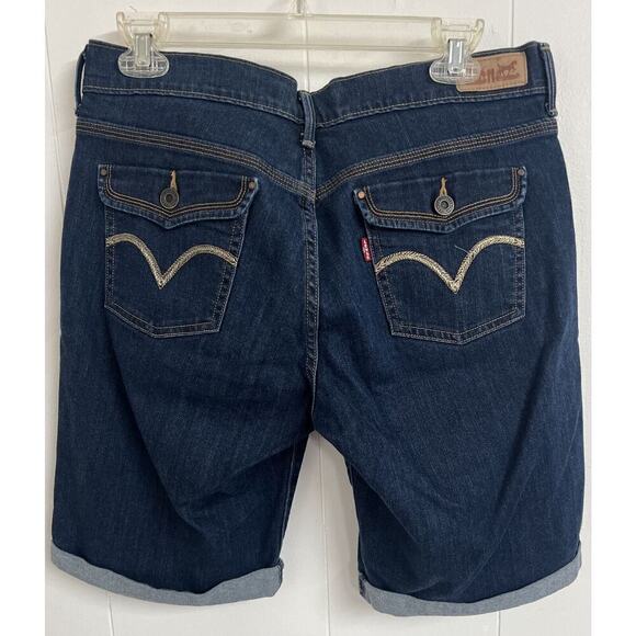 Levi's Mid-Rise Jean Shorts Dark Blue Cuffed Women's Size 6 Gold Pocket W 28 - Picture 4 of 8